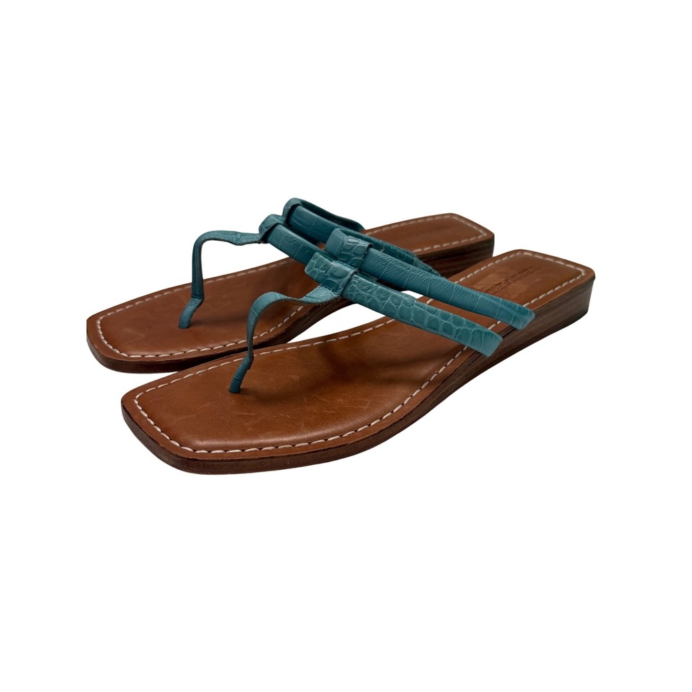 Bernardo Teal and Brown Croc-Embossed Thong Sandals
